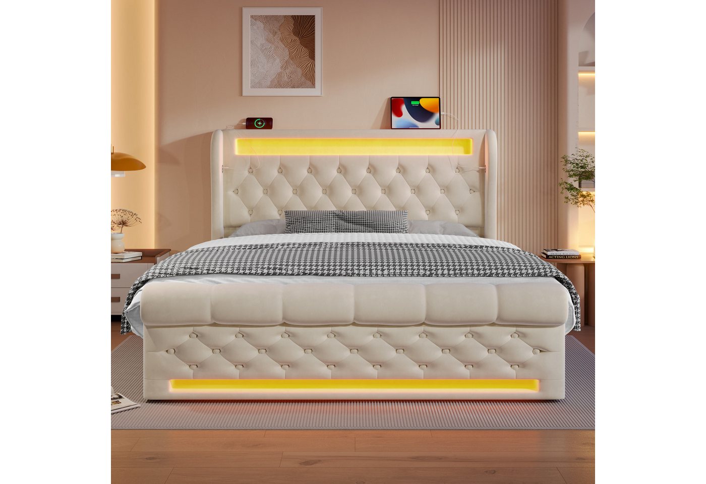 Flieks Polsterbett, Hydraulisches Stauraumbett 160x200cm mit LED Beleuchtung und USB/Typ-C – Bild 3 von 5