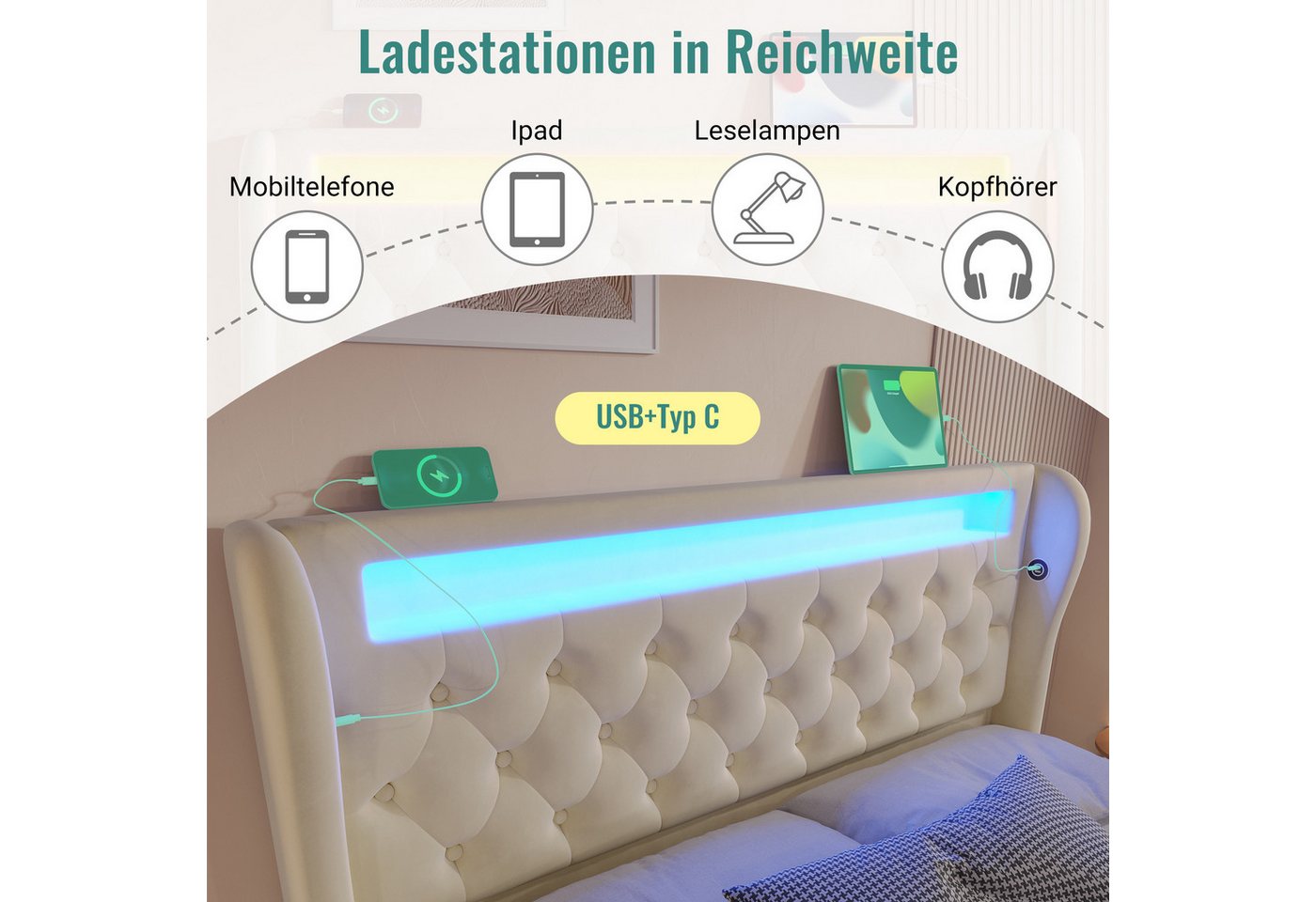 Flieks Polsterbett, Hydraulisches Stauraumbett 160x200cm mit LED Beleuchtung und USB/Typ-C – Bild 5 von 5