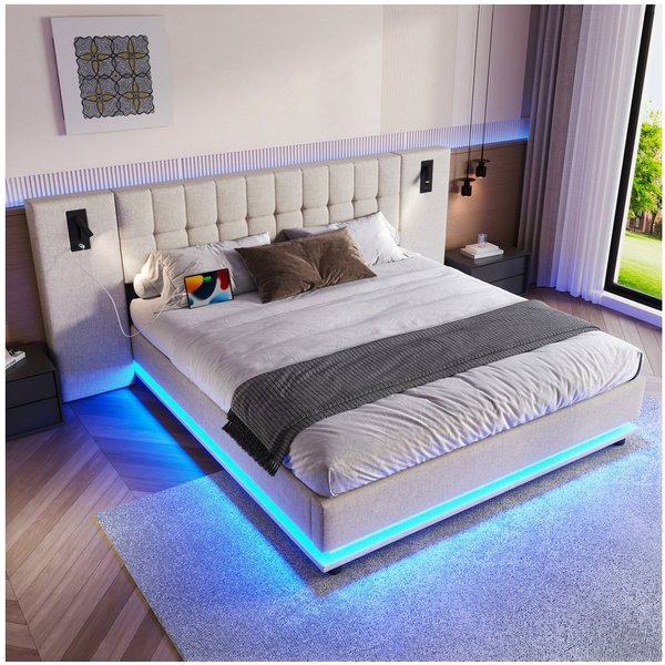 Flieks Polsterbett, Doppelbett 180x200cm mit breitem Kopfteil, LED-Leiste, Leselampe, USB