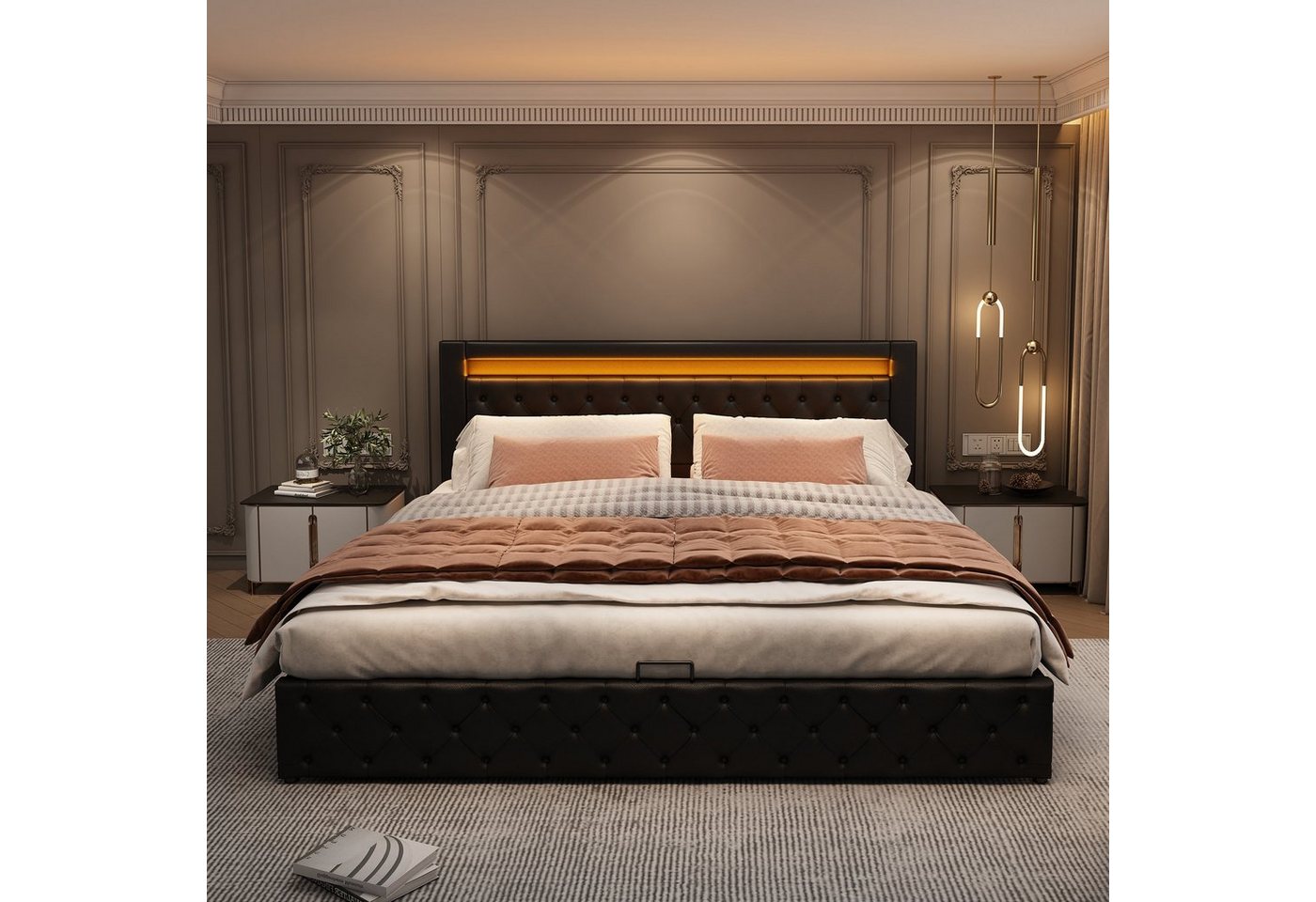 Flieks Polsterbett, LED-Beleuchtung Kunstleder Doppelbett Stauraum 180x200cm – Bild 3 von 5
