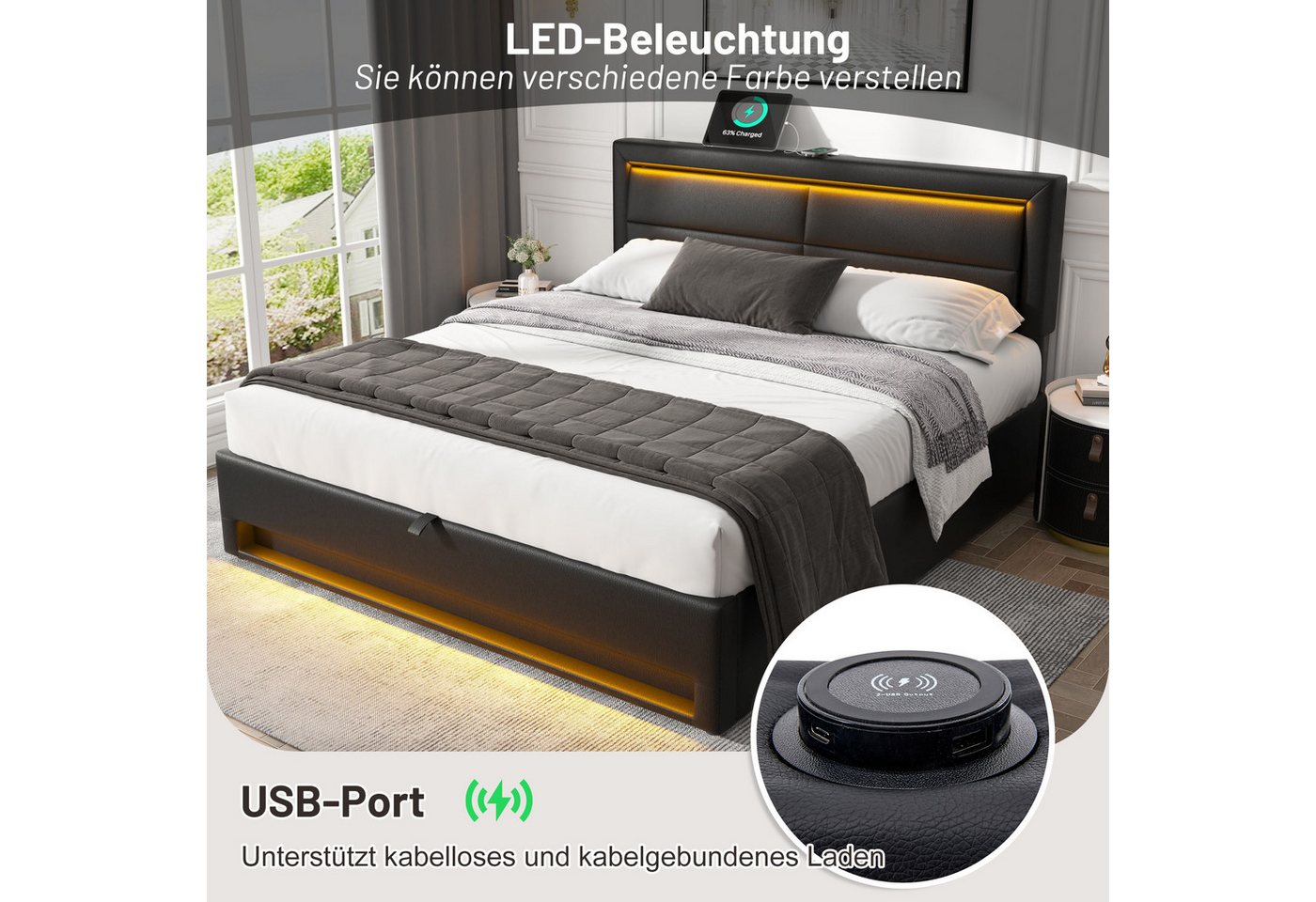 Flieks Polsterbett, LED Doppelbett 140x200cm mit USB-Anschluss und hydraulischem Stauraum – Bild 2 von 5
