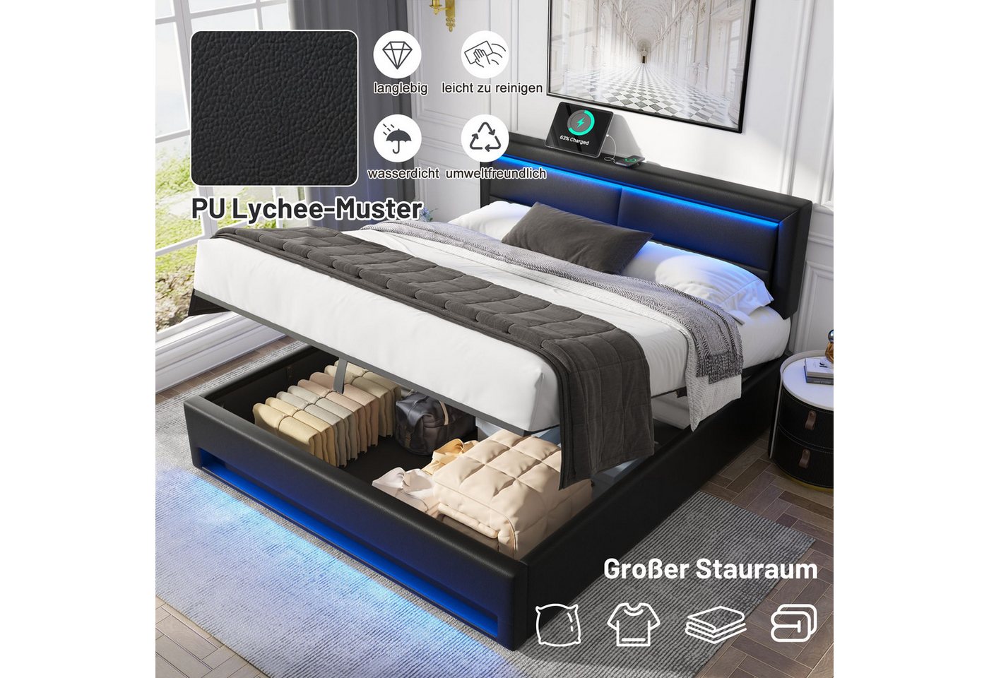 Flieks Polsterbett, LED Doppelbett 140x200cm mit USB-Anschluss und hydraulischem Stauraum – Bild 3 von 5