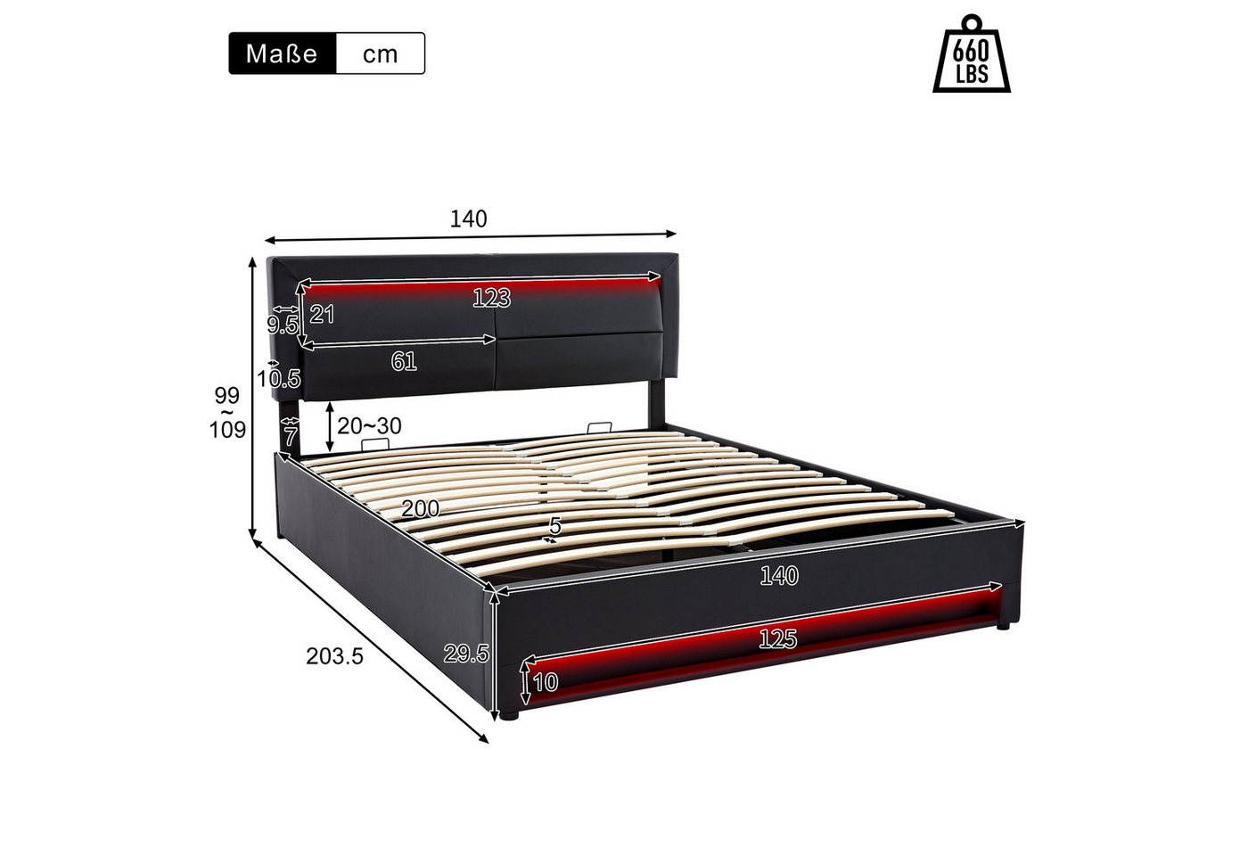 Flieks Polsterbett, LED Doppelbett 140x200cm mit USB-Anschluss und hydraulischem Stauraum – Bild 4 von 5