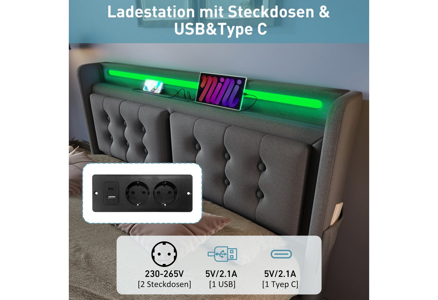 Flieks Polsterbett, LED Doppelbett 140x200cm mit Ladefunktion und hydraulischem Stauraum – Bild 4 von 5