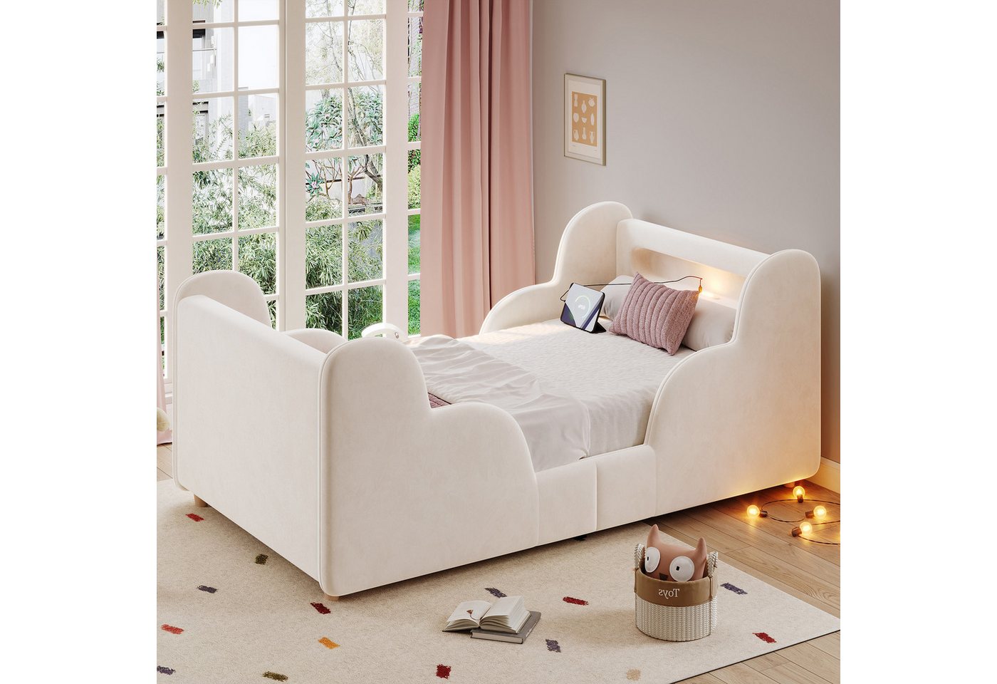 Flieks Polsterbett, Kinderbett 90x200cm mit Schutzgeländer, Nachtlicht, USB-Ladeanschluss – Bild 2 von 5
