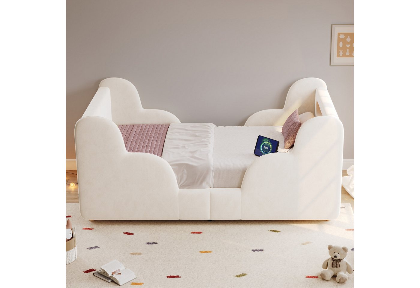 Flieks Polsterbett, Kinderbett 90x200cm mit Schutzgeländer, Nachtlicht, USB-Ladeanschluss – Bild 3 von 5