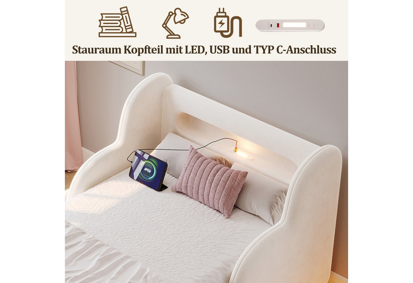 Flieks Polsterbett, Kinderbett 90x200cm mit Schutzgeländer, Nachtlicht, USB-Ladeanschluss – Bild 4 von 5