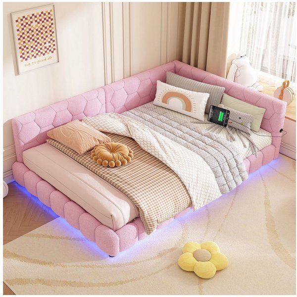 Flieks Polsterbett, LED Doppelbett Daybett Tagesbett Samt 140x200cm mit USB-Anschluss