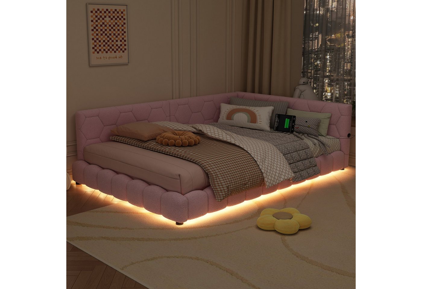 Flieks Polsterbett, LED Doppelbett Daybett Tagesbett Samt 140x200cm mit USB-Anschluss – Bild 3 von 5