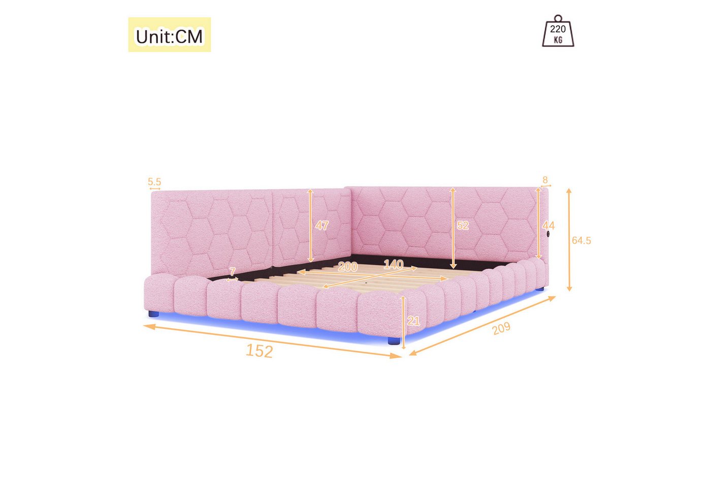 Flieks Polsterbett, LED Doppelbett Daybett Tagesbett Samt 140x200cm mit USB-Anschluss – Bild 5 von 5