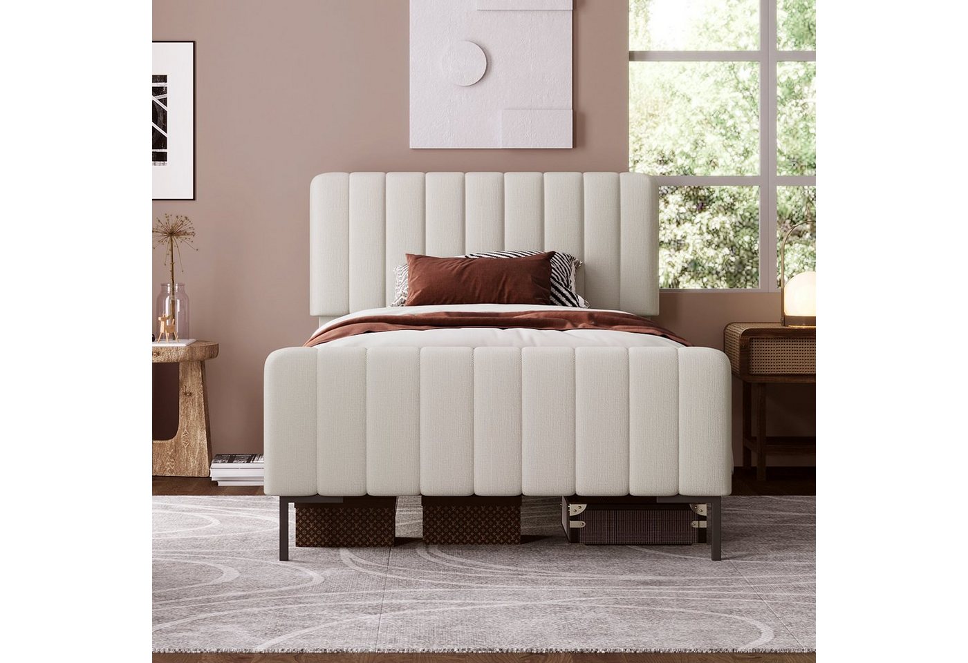 Flieks Polsterbett, Einzelbett verstellbares Kopfteil Leinen 90x200cm – Bild 2 von 5