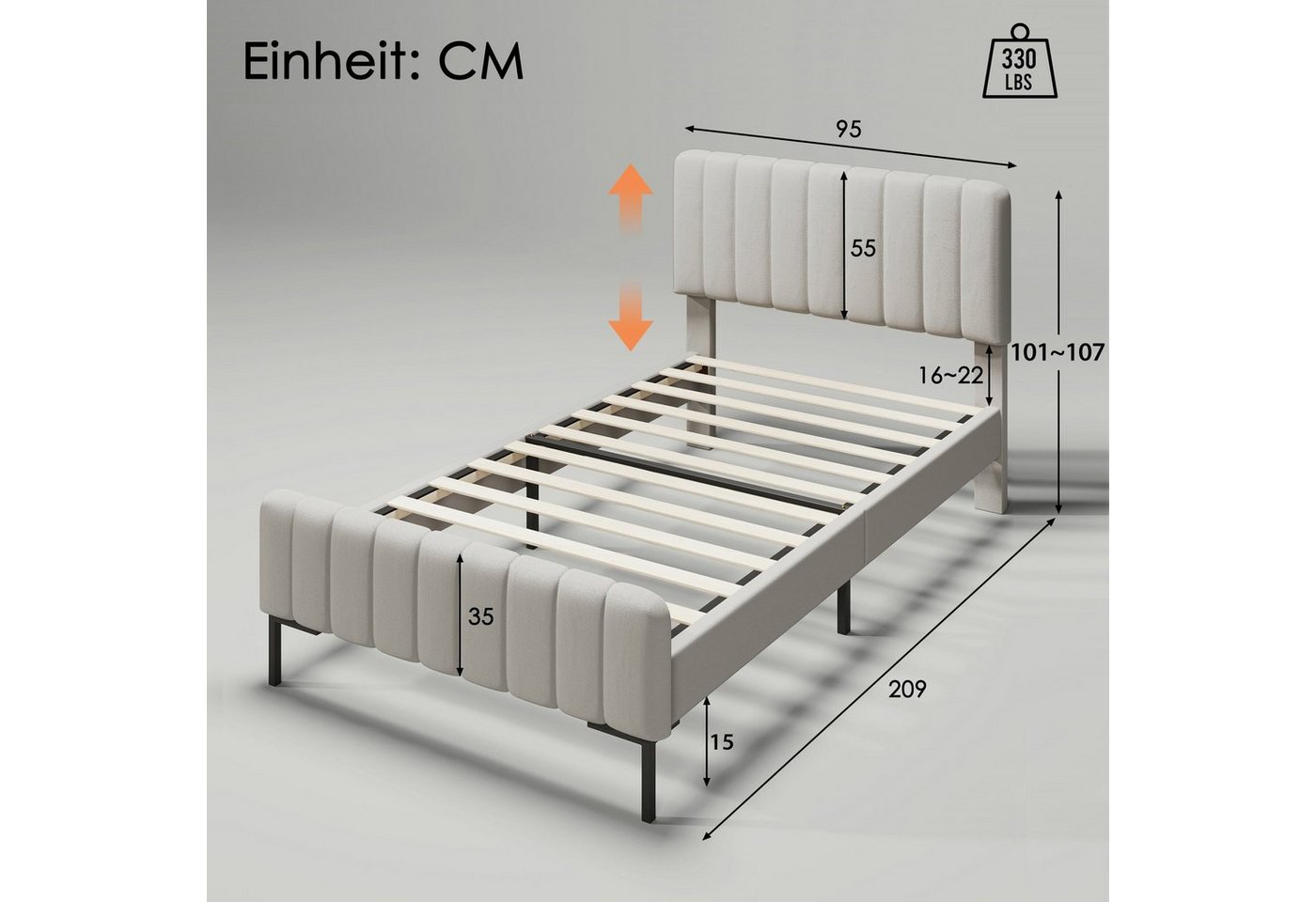 Flieks Polsterbett, Einzelbett verstellbares Kopfteil Leinen 90x200cm – Bild 3 von 5