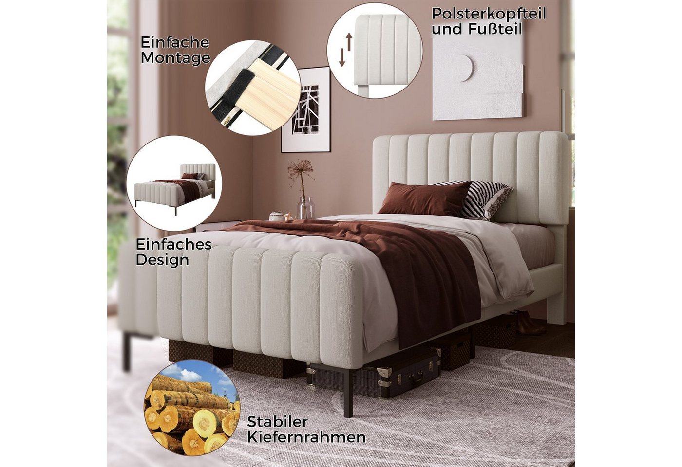 Flieks Polsterbett, Einzelbett verstellbares Kopfteil Leinen 90x200cm – Bild 5 von 5