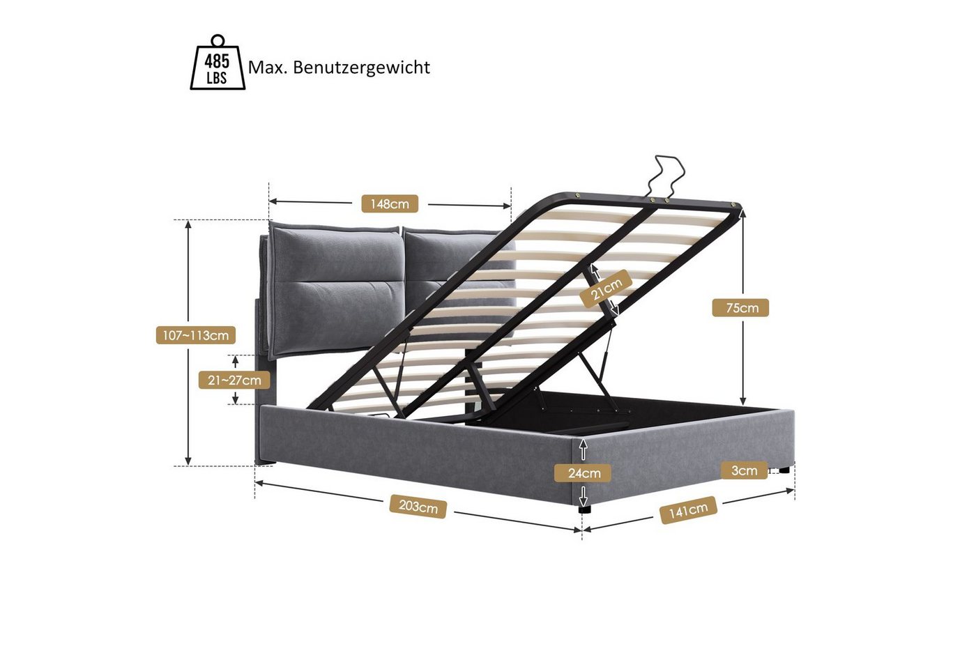 Flieks Polsterbett, Hydraulisches Doppelbett mit Stauraum Samt 140x200cm – Bild 5 von 5