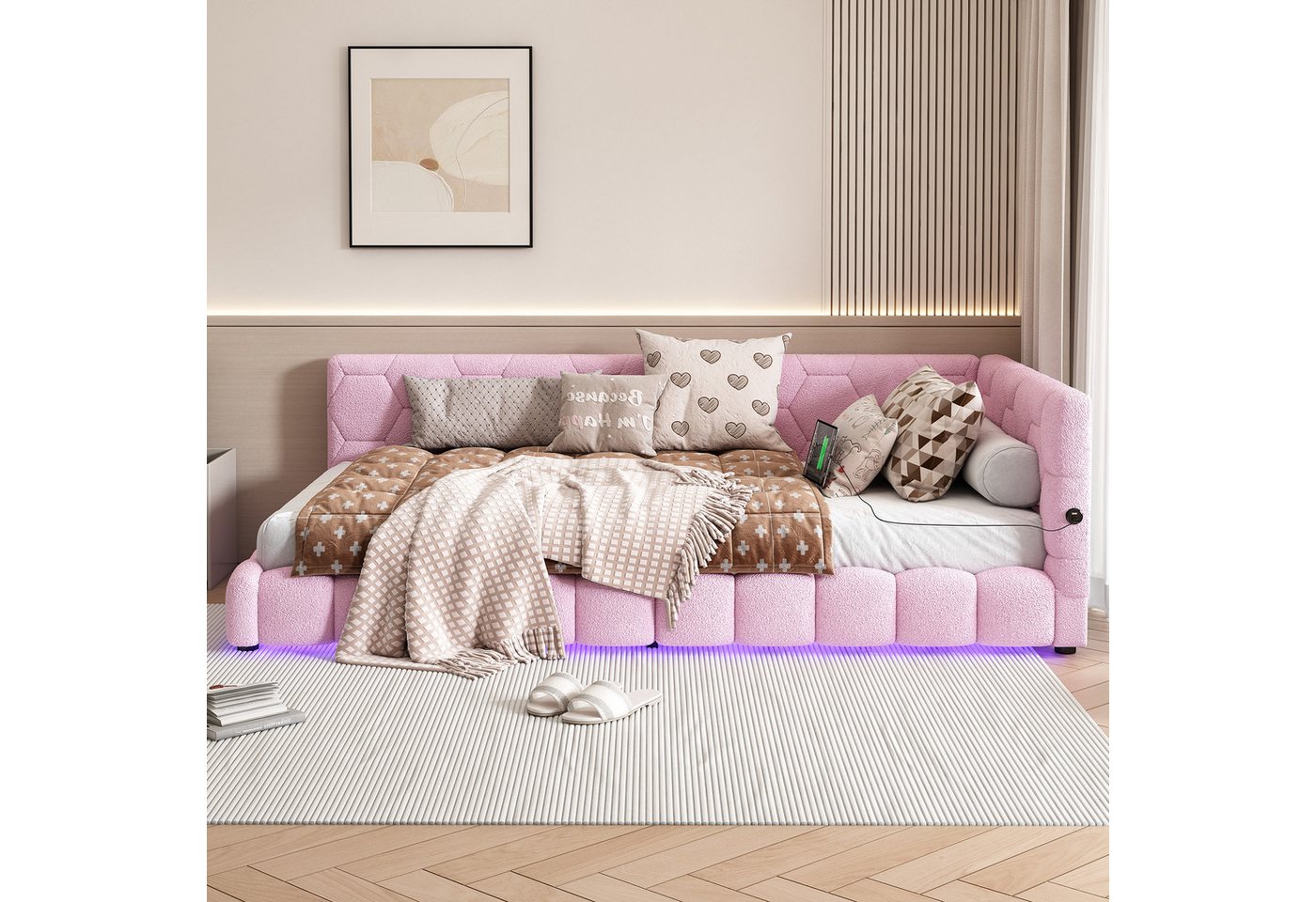 Flieks Polsterbett, LED Einzelbett Daybett Tagesbett Samt 90x200cm mit USB-Anschluss – Bild 2 von 5