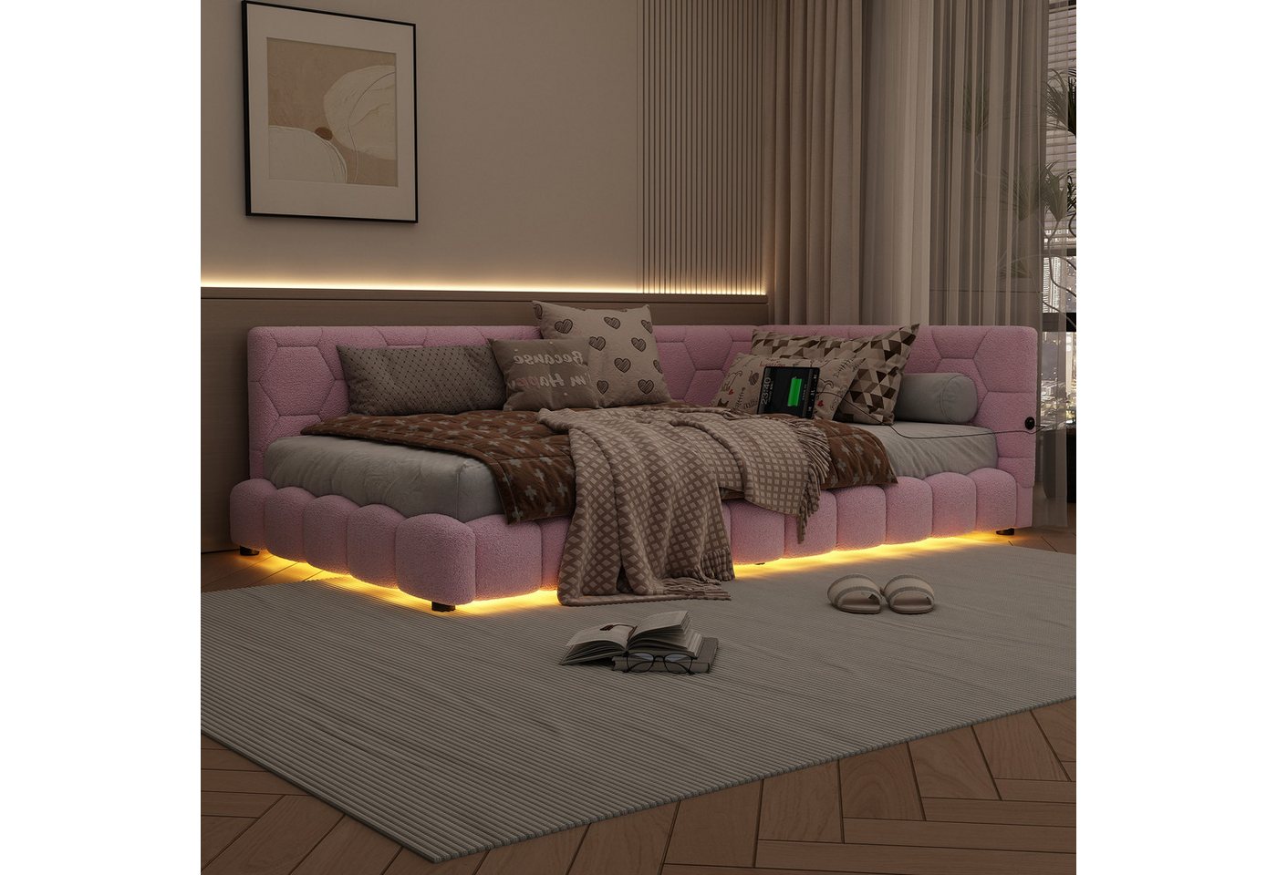 Flieks Polsterbett, LED Einzelbett Daybett Tagesbett Samt 90x200cm mit USB-Anschluss – Bild 3 von 5