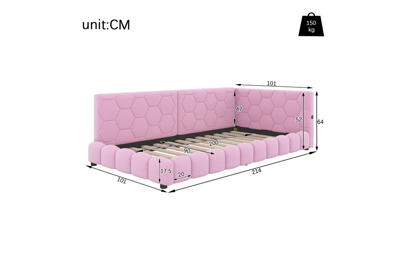 Flieks Polsterbett, LED Einzelbett Daybett Tagesbett Samt 90x200cm mit USB-Anschluss – Bild 5 von 5