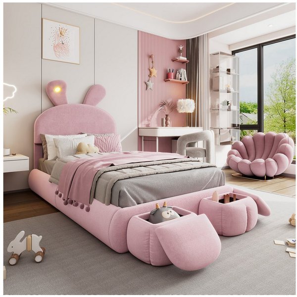 Flieks Polsterbett, LED Einzelbett 90x200cm mit Hasenohren Kopfteil und 2 Stauraumhockern