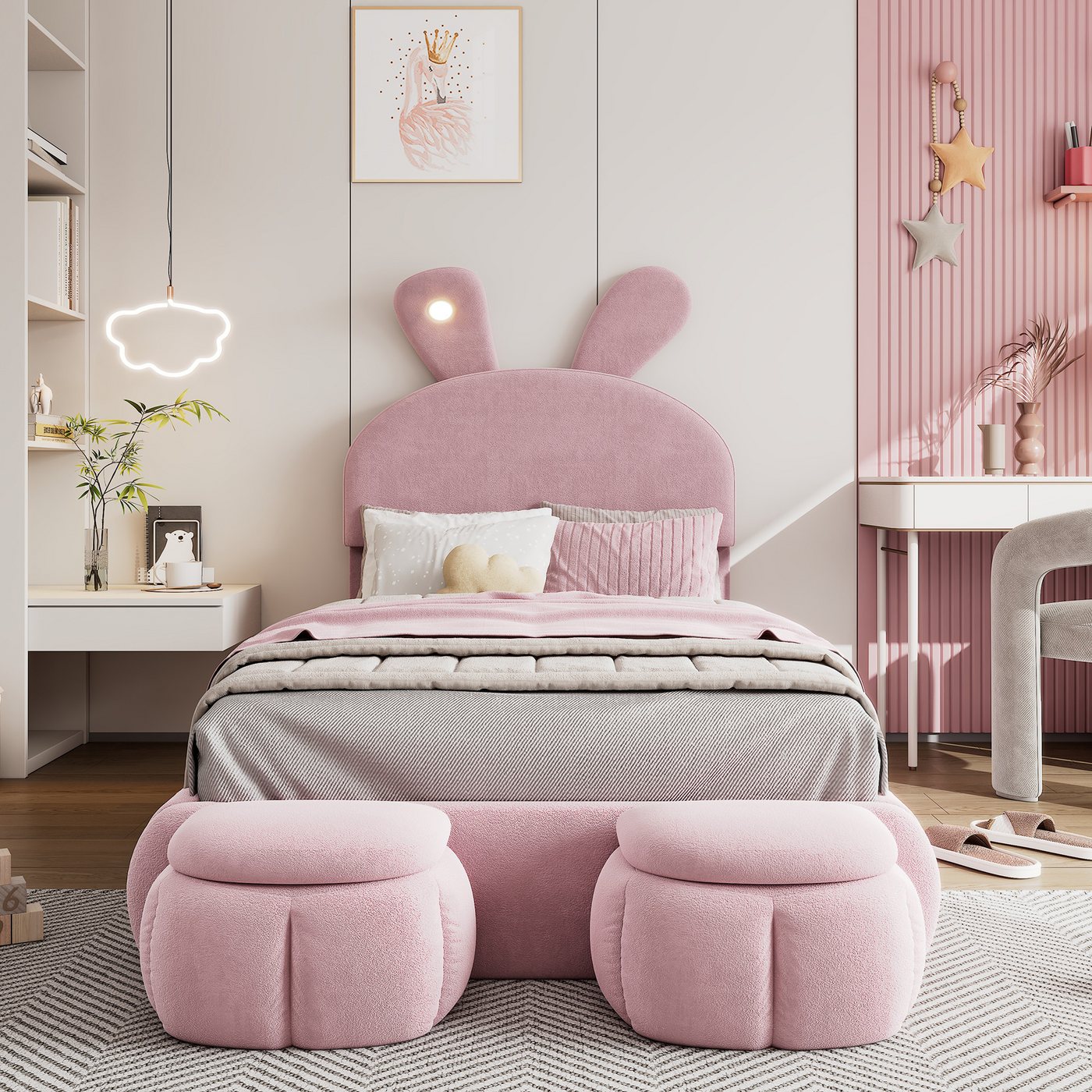 Flieks Polsterbett, LED Einzelbett 90x200cm mit Hasenohren Kopfteil und 2 Stauraumhockern – Bild 2 von 5