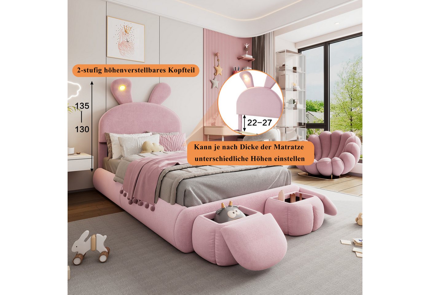 Flieks Polsterbett, LED Einzelbett 90x200cm mit Hasenohren Kopfteil und 2 Stauraumhockern – Bild 3 von 5