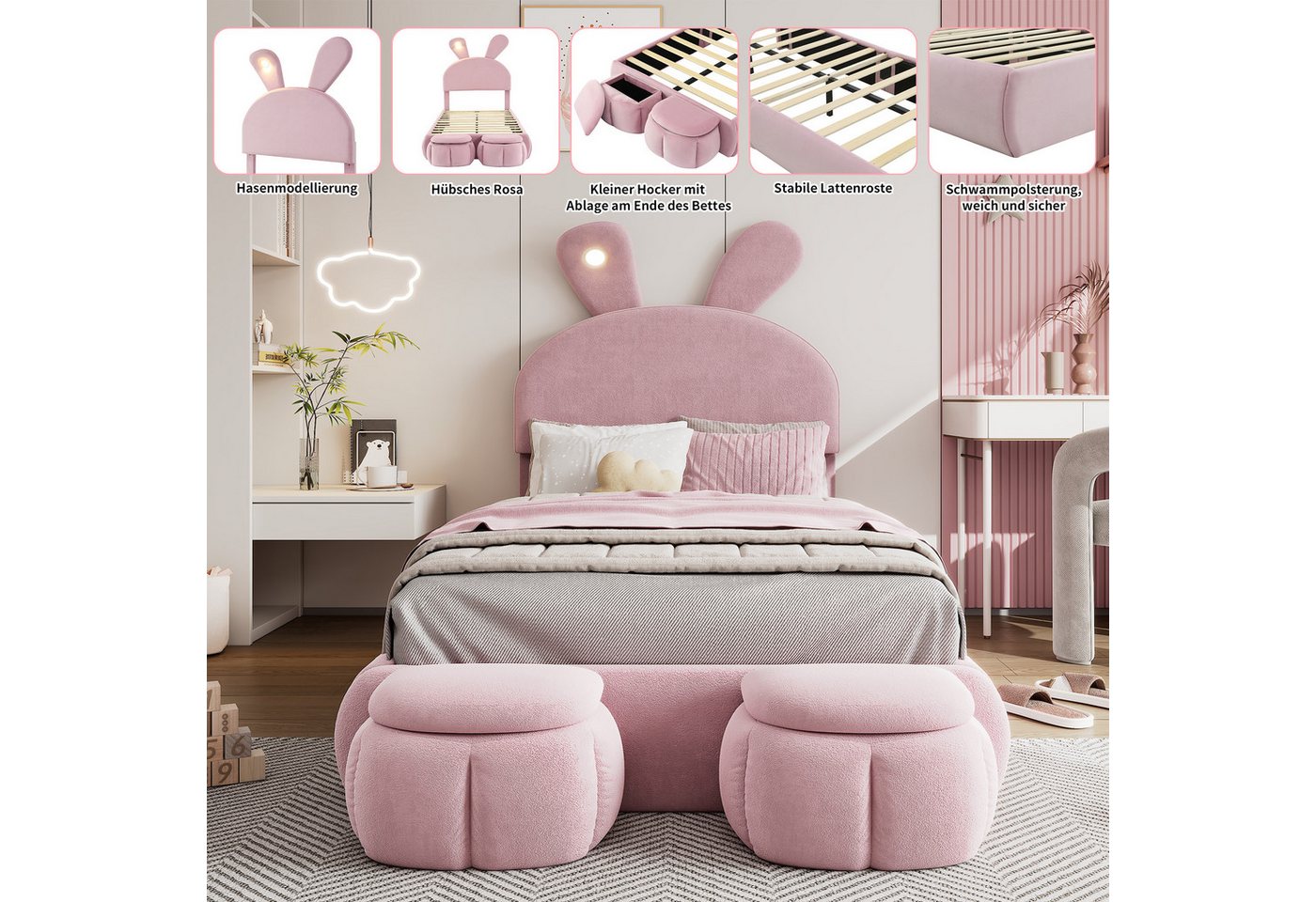 Flieks Polsterbett, LED Einzelbett 90x200cm mit Hasenohren Kopfteil und 2 Stauraumhockern – Bild 4 von 5