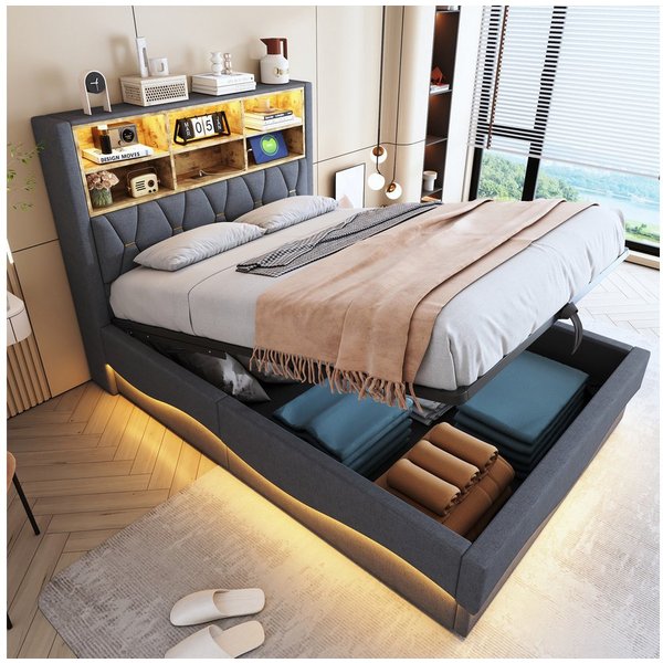 Flieks Polsterbett, Hydraulisches Stauraumbett 140x200cm mit LED-Lichtleiste und USB-Laden