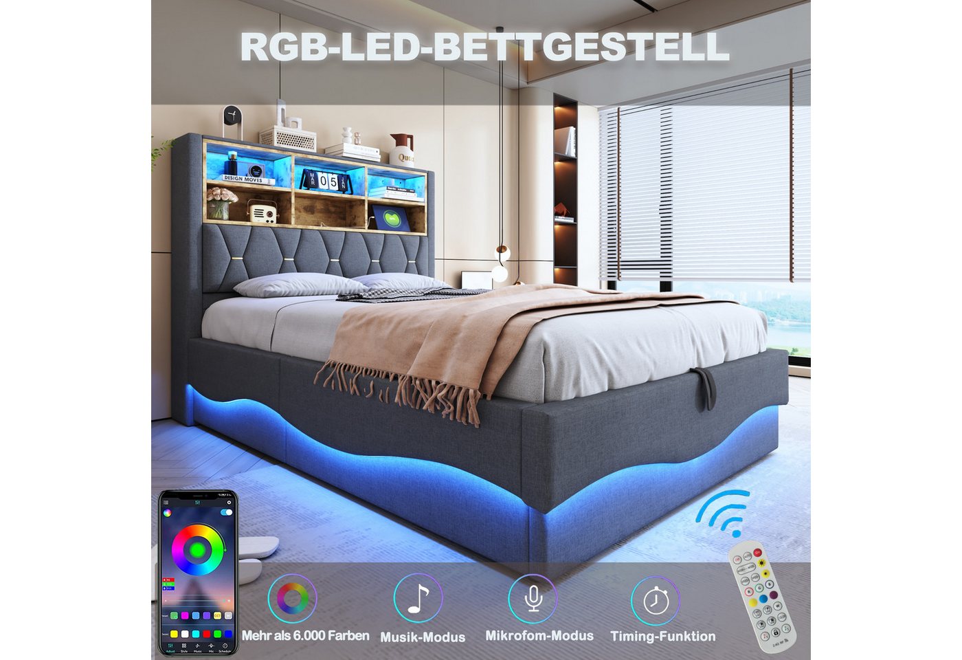 Flieks Polsterbett, Hydraulisches Stauraumbett 140x200cm mit LED-Lichtleiste und USB-Laden – Bild 4 von 5