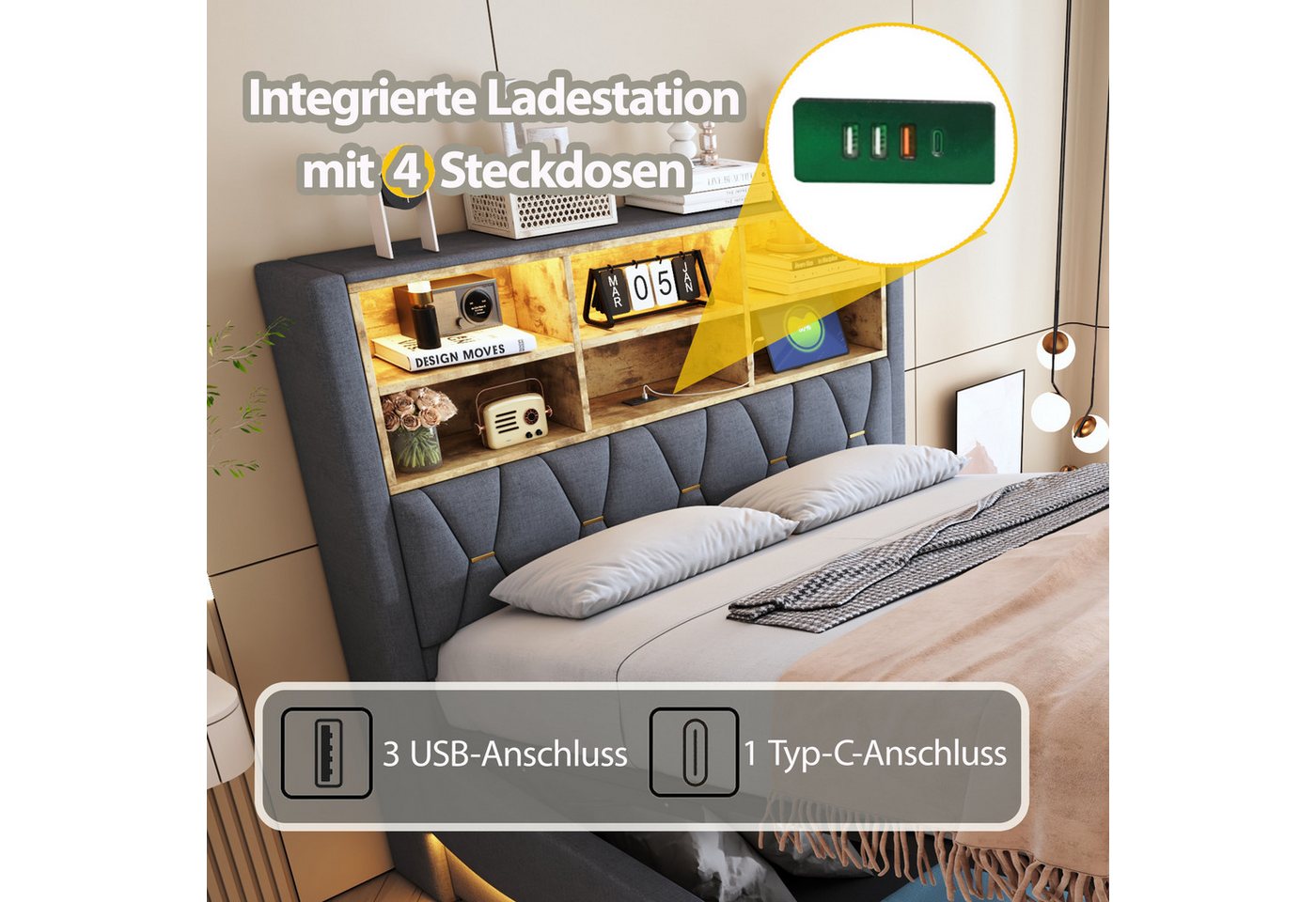 Flieks Polsterbett, Hydraulisches Stauraumbett 140x200cm mit LED-Lichtleiste und USB-Laden – Bild 5 von 5