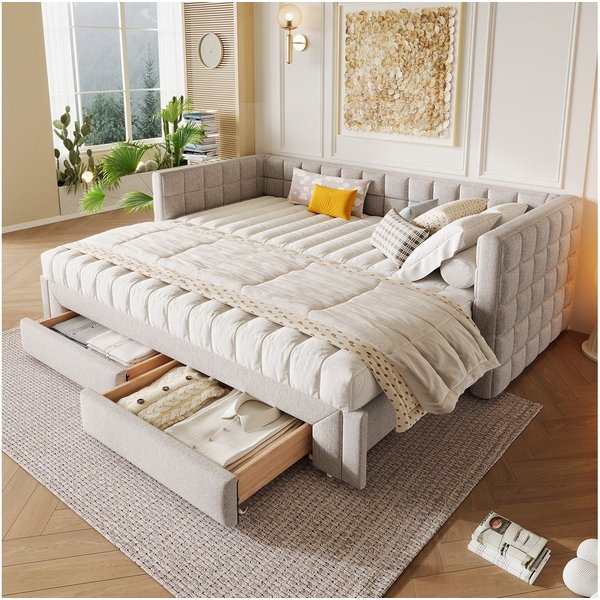Flieks Polsterbett, Tagesbett Daybett Schlafsofa 90/180x200cm mit 2 Schubladen Ausziehbett