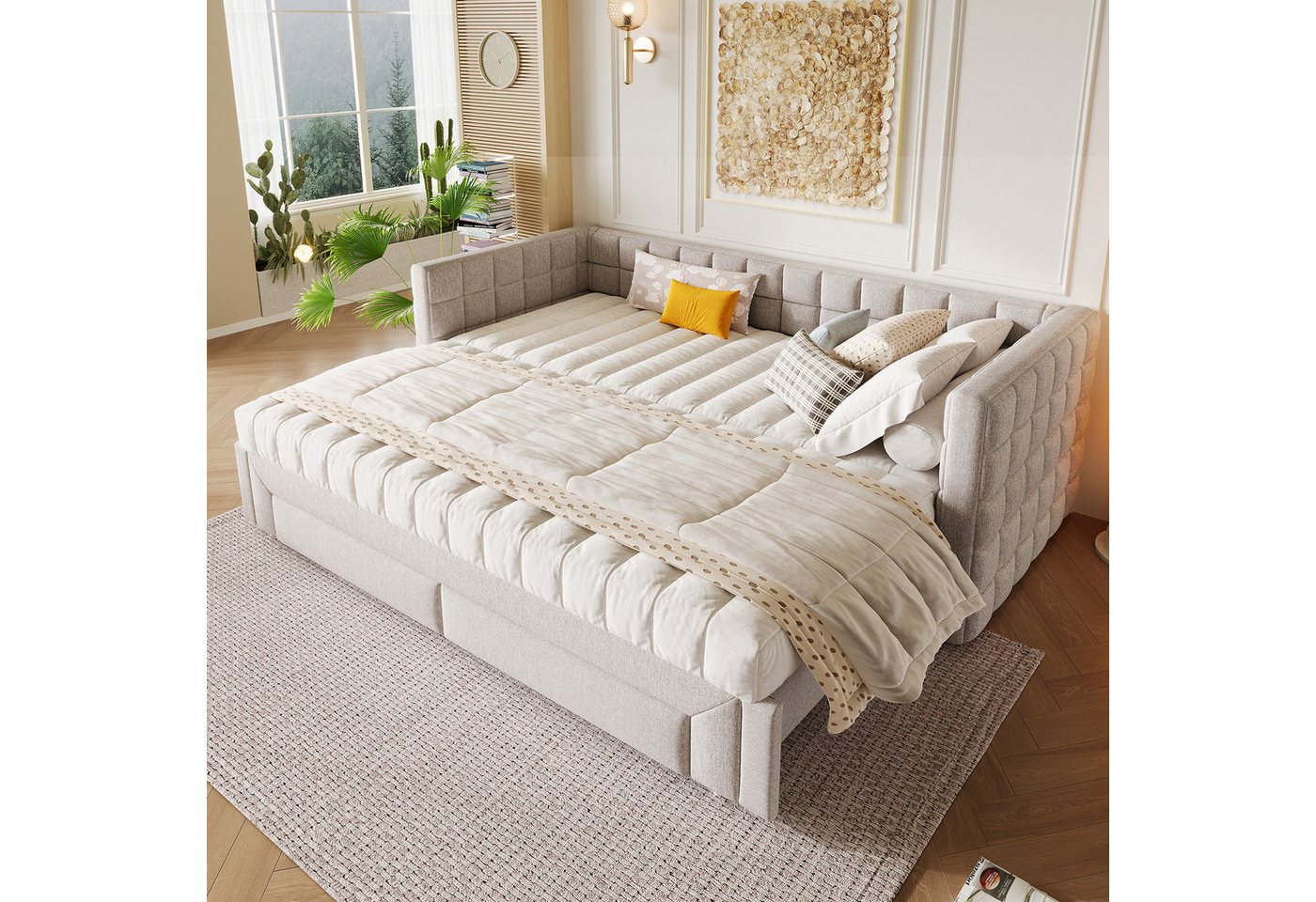 Flieks Polsterbett, Tagesbett Daybett Schlafsofa 90/180x200cm mit 2 Schubladen Ausziehbett – Bild 2 von 5