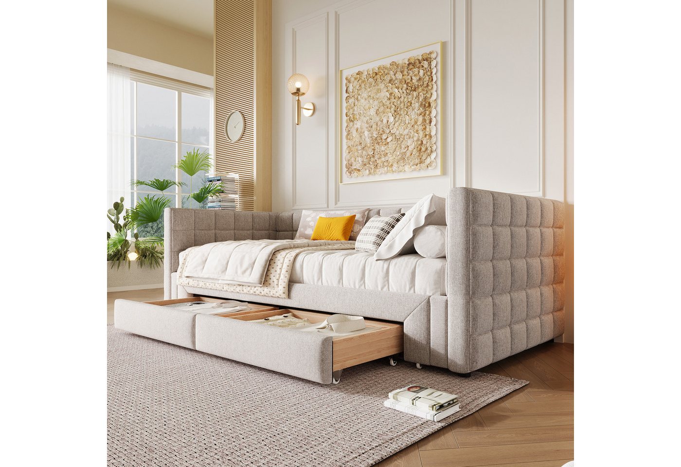 Flieks Polsterbett, Tagesbett Daybett Schlafsofa 90/180x200cm mit 2 Schubladen Ausziehbett – Bild 3 von 5