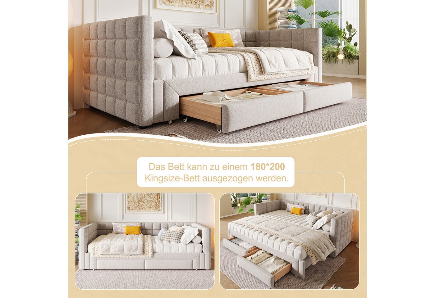 Flieks Polsterbett, Tagesbett Daybett Schlafsofa 90/180x200cm mit 2 Schubladen Ausziehbett – Bild 5 von 5