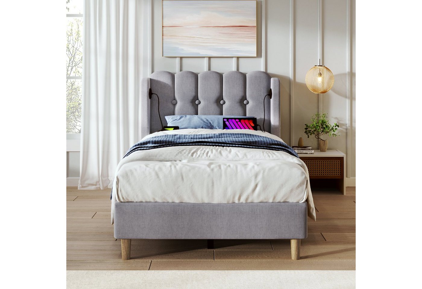 Flieks Polsterbett, Holzbett Einzelbett mit USB/Typ-C Ladeanschlüsse 90x200cm grau Leinen – Bild 2 von 5