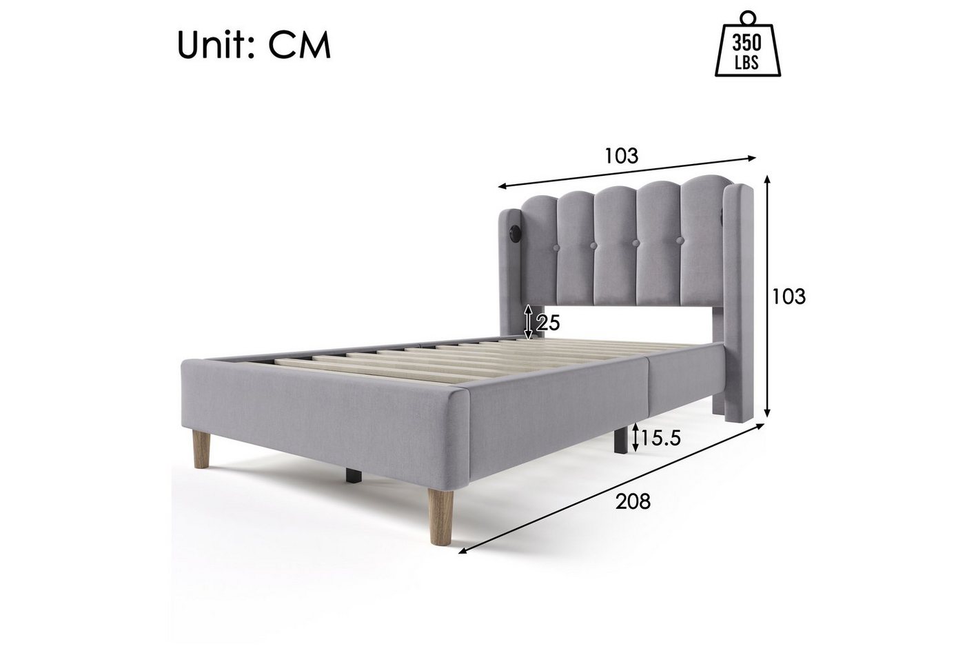 Flieks Polsterbett, Holzbett Einzelbett mit USB/Typ-C Ladeanschlüsse 90x200cm grau Leinen – Bild 4 von 5