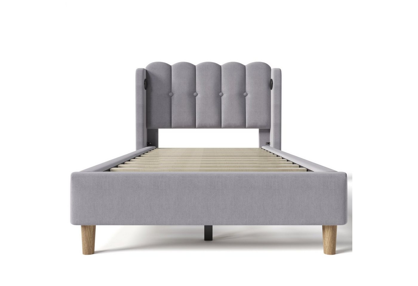 Flieks Polsterbett, Holzbett Einzelbett mit USB/Typ-C Ladeanschlüsse 90x200cm grau Leinen – Bild 5 von 5