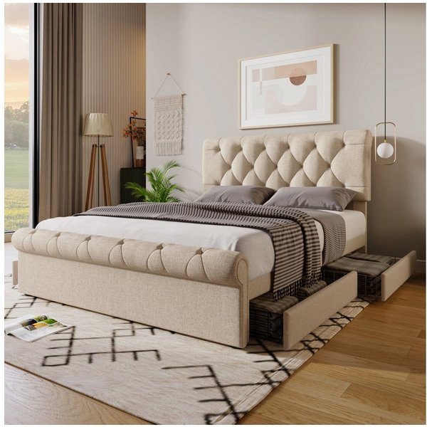 Flieks Polsterbett, Doppelbett mit 4 Schubladen Leinen Bezug 140x200cm