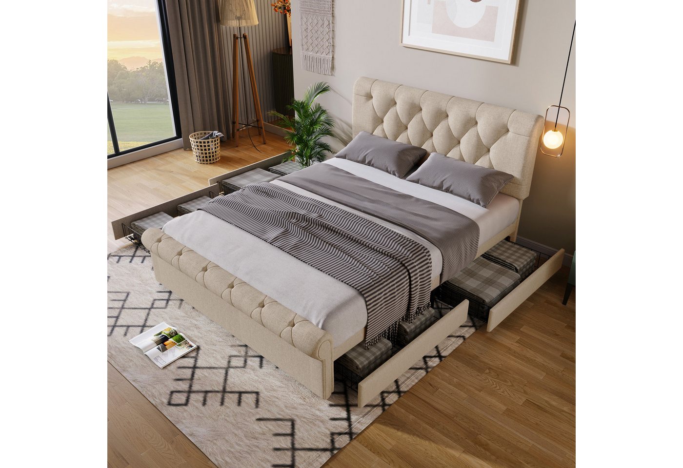 Flieks Polsterbett, Doppelbett mit 4 Schubladen Leinen Bezug 140x200cm – Bild 2 von 5