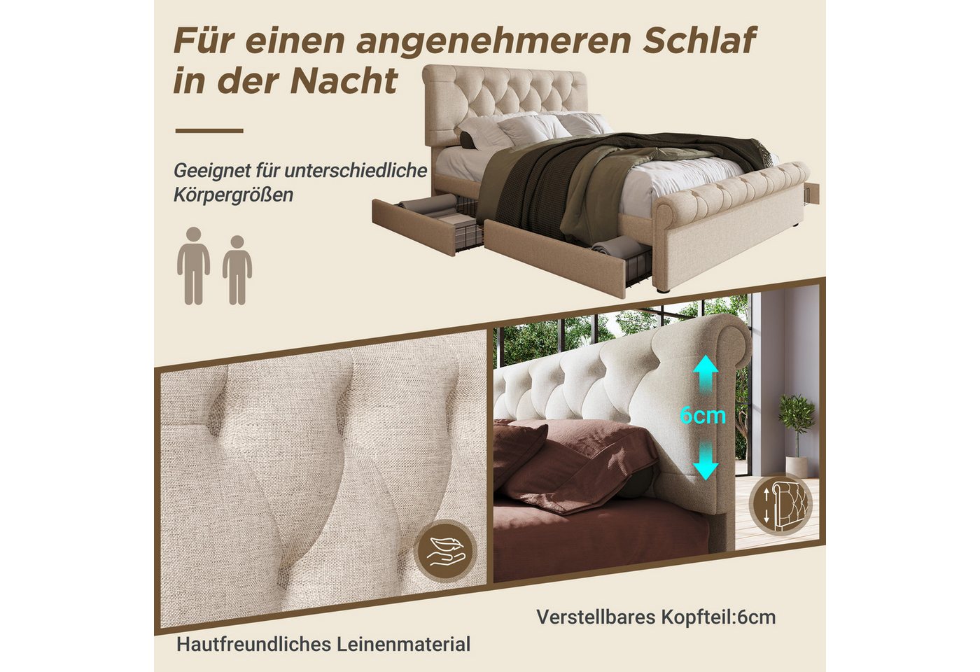 Flieks Polsterbett, Doppelbett mit 4 Schubladen Leinen Bezug 140x200cm – Bild 3 von 5