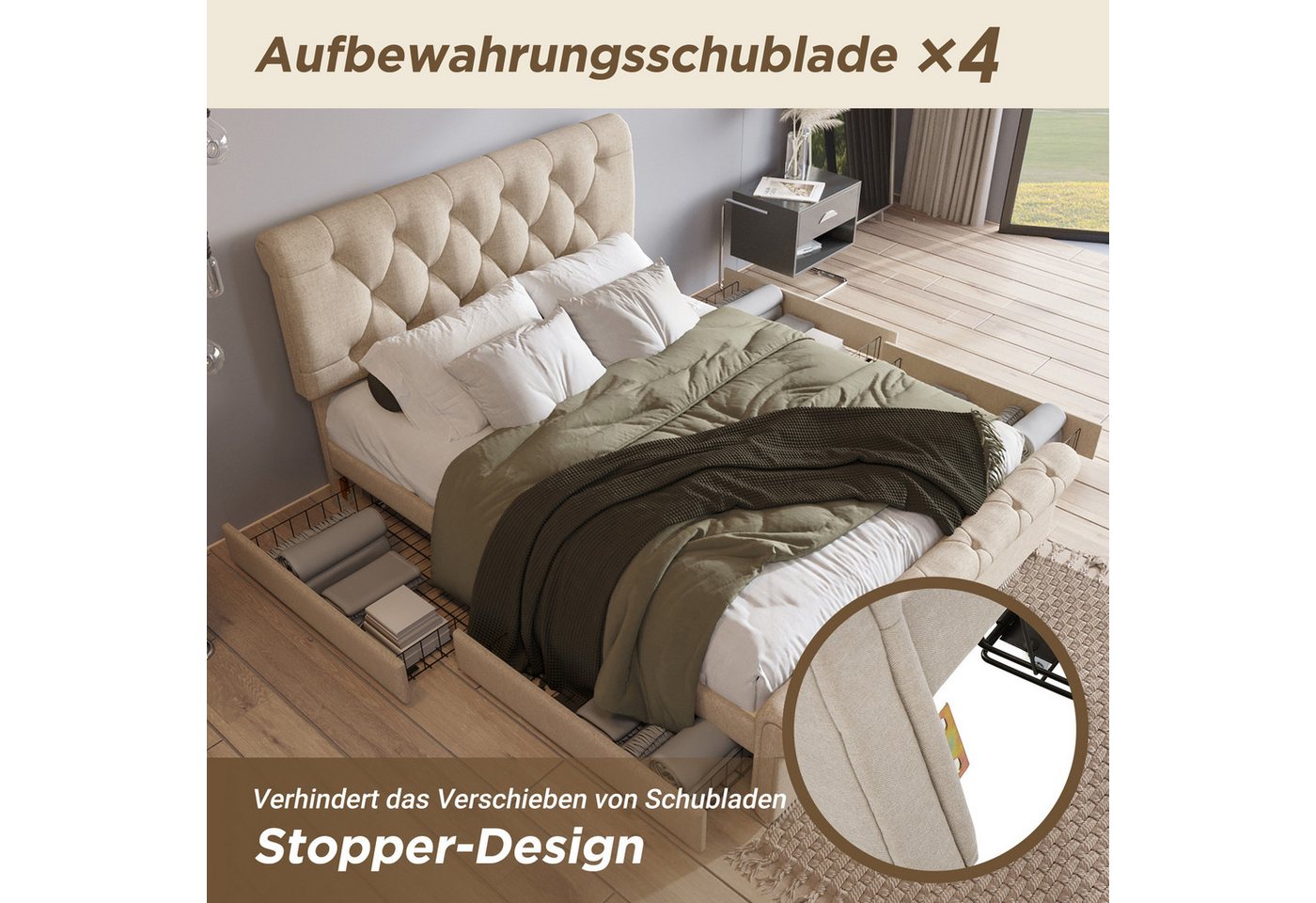 Flieks Polsterbett, Doppelbett mit 4 Schubladen Leinen Bezug 140x200cm – Bild 4 von 5