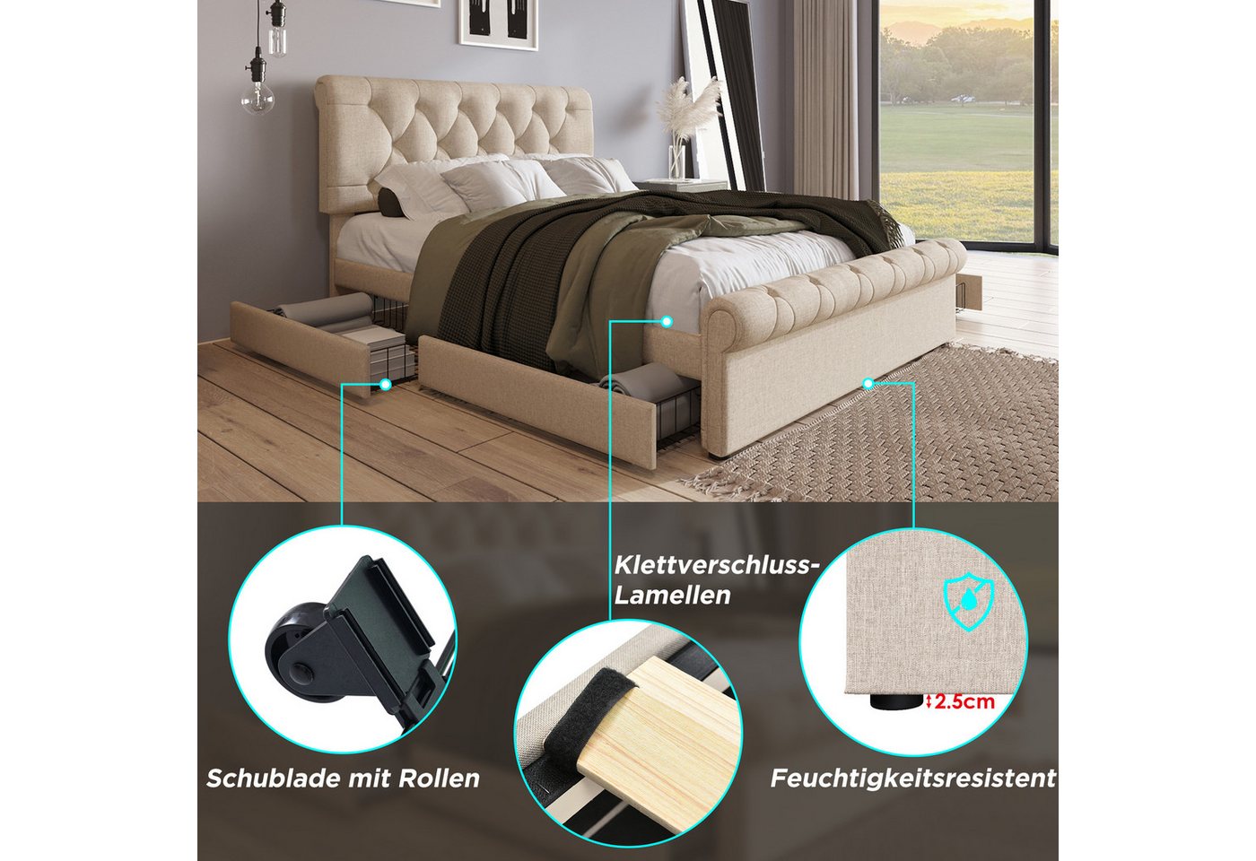 Flieks Polsterbett, Doppelbett mit 4 Schubladen Leinen Bezug 140x200cm – Bild 5 von 5