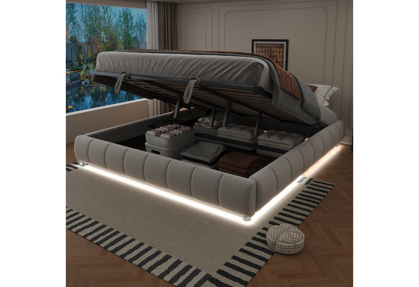 Flieks Polsterbett, Hydraulisches Stauraumbett 180x200cm ohne Kopfteil mit LED-Lichtleiste – Bild 4 von 5
