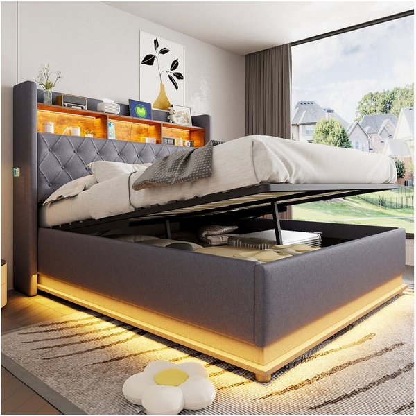 Flieks Polsterbett, LED Doppelbett 160x200cm mit USB-Ladefunktion & hydraulischem Stauraum