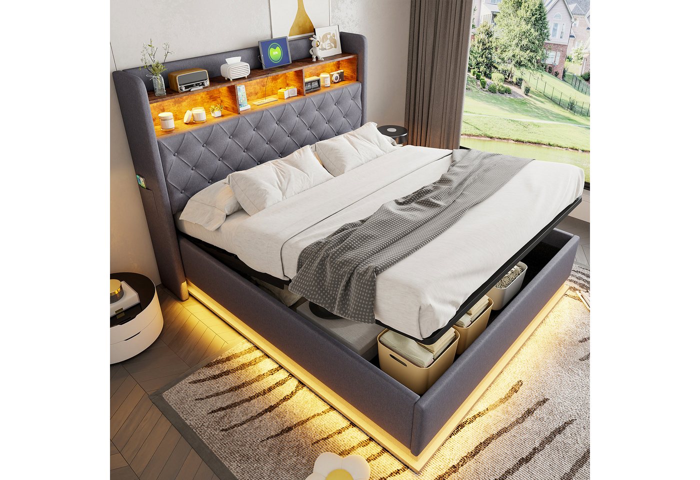 Flieks Polsterbett, LED Doppelbett 160x200cm mit USB-Ladefunktion & hydraulischem Stauraum – Bild 2 von 5