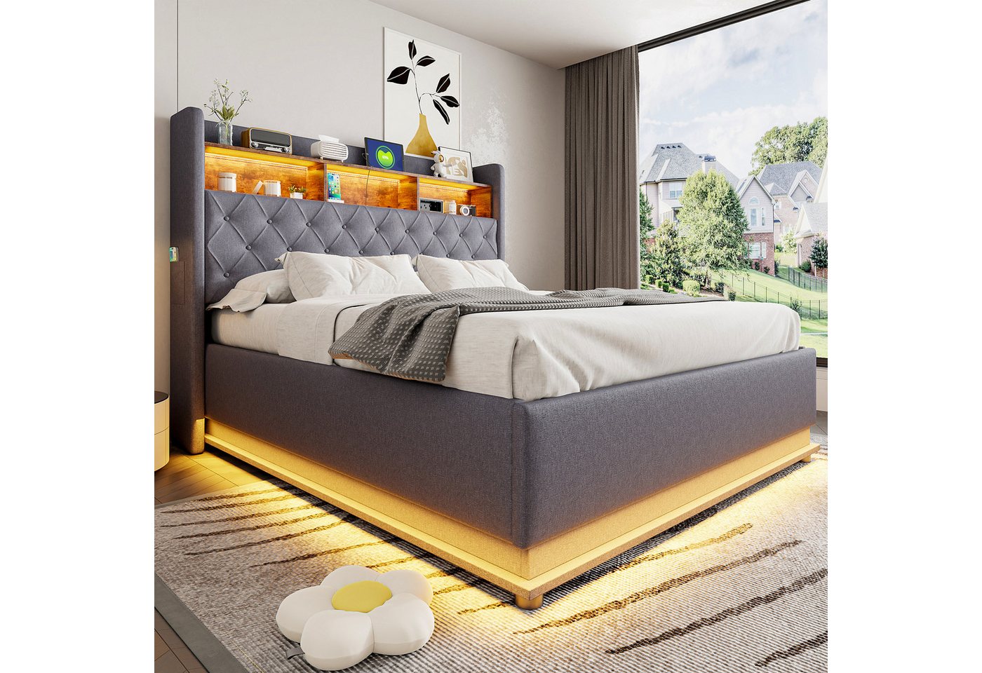 Flieks Polsterbett, LED Doppelbett 160x200cm mit USB-Ladefunktion & hydraulischem Stauraum – Bild 3 von 5