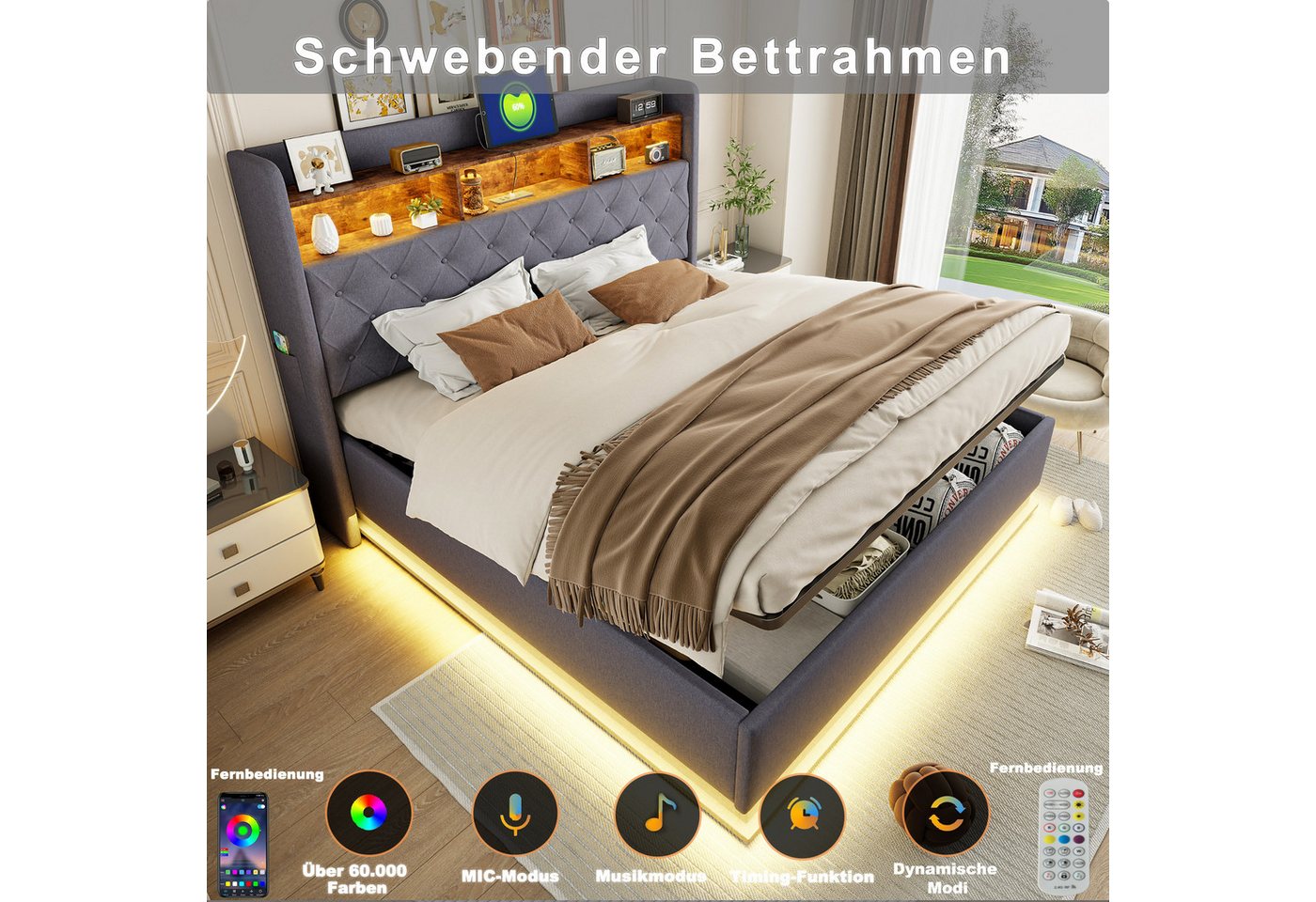 Flieks Polsterbett, LED Doppelbett 160x200cm mit USB-Ladefunktion & hydraulischem Stauraum – Bild 4 von 5