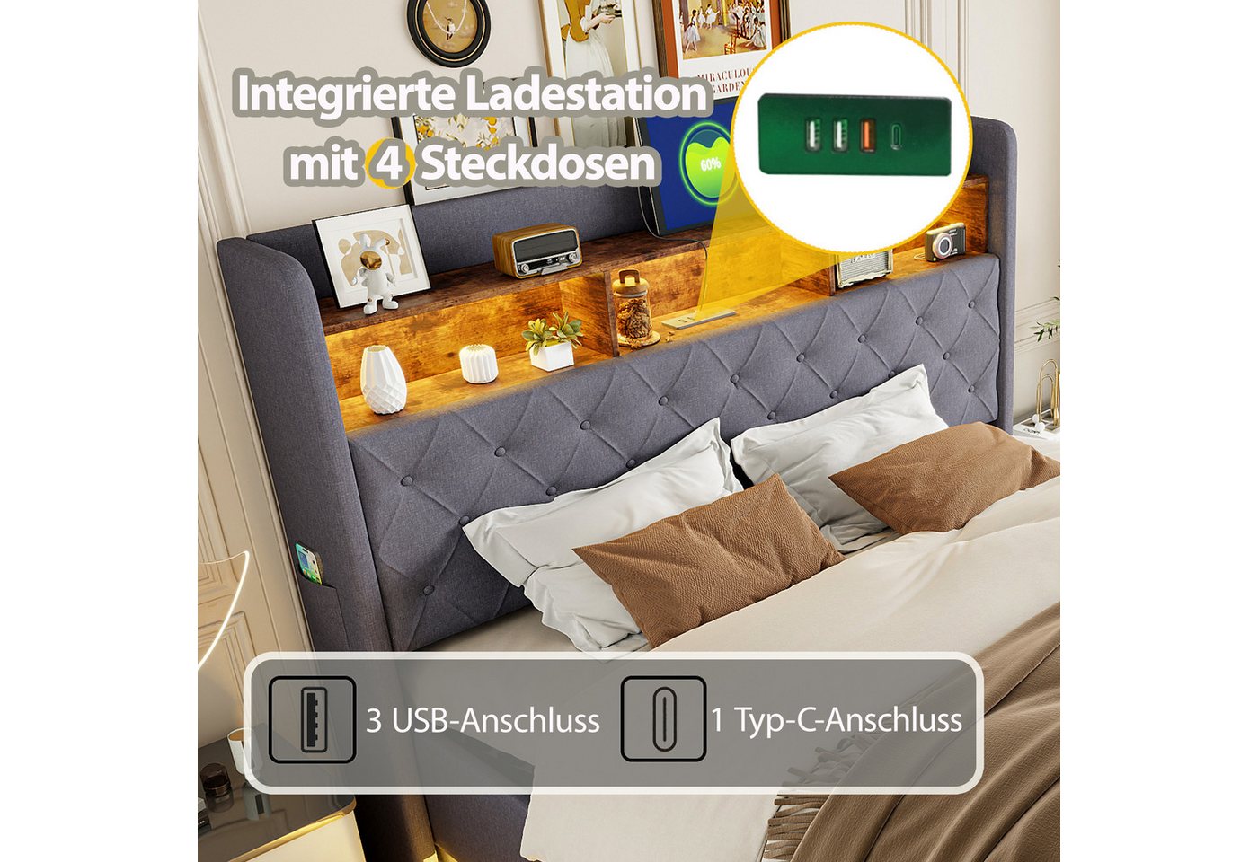 Flieks Polsterbett, LED Doppelbett 160x200cm mit USB-Ladefunktion & hydraulischem Stauraum – Bild 5 von 5