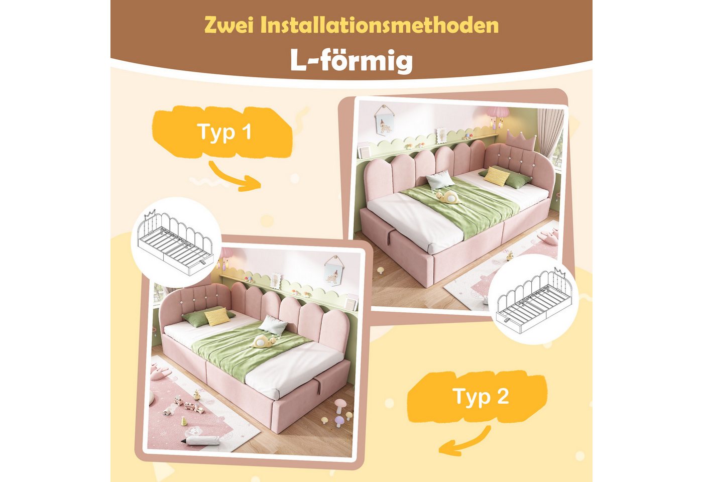 Flieks Polsterbett, Hydraulisches Daybett L-Form Kinderbett 90x200cm mit Kronen-Design – Bild 5 von 5