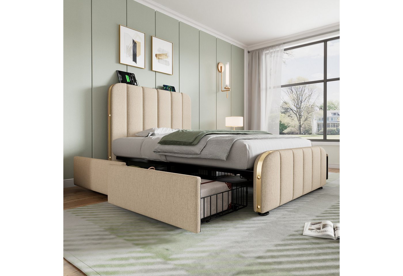 Flieks Polsterbett, Einzelbett 90x200cm mit USB/Typ-C Ladefunktion und 4 Schubladen – Bild 2 von 5