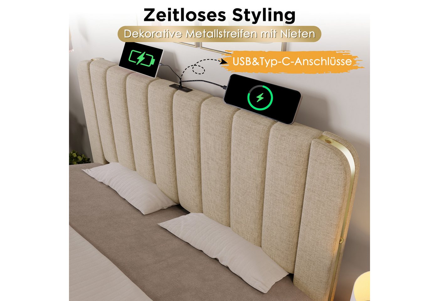 Flieks Polsterbett, Einzelbett 90x200cm mit USB/Typ-C Ladefunktion und 4 Schubladen – Bild 4 von 5