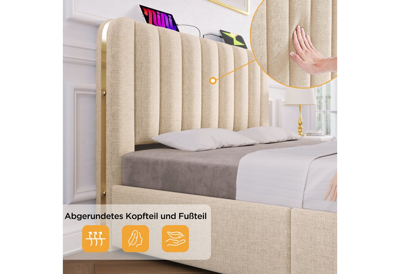 Flieks Polsterbett, Einzelbett 90x200cm mit USB/Typ-C Ladefunktion und 4 Schubladen – Bild 5 von 5